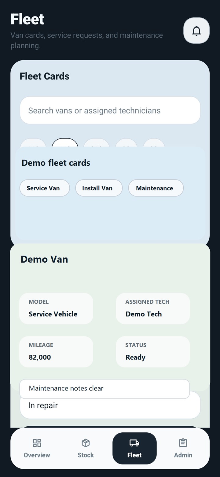 Fleet mobile screen with demo data