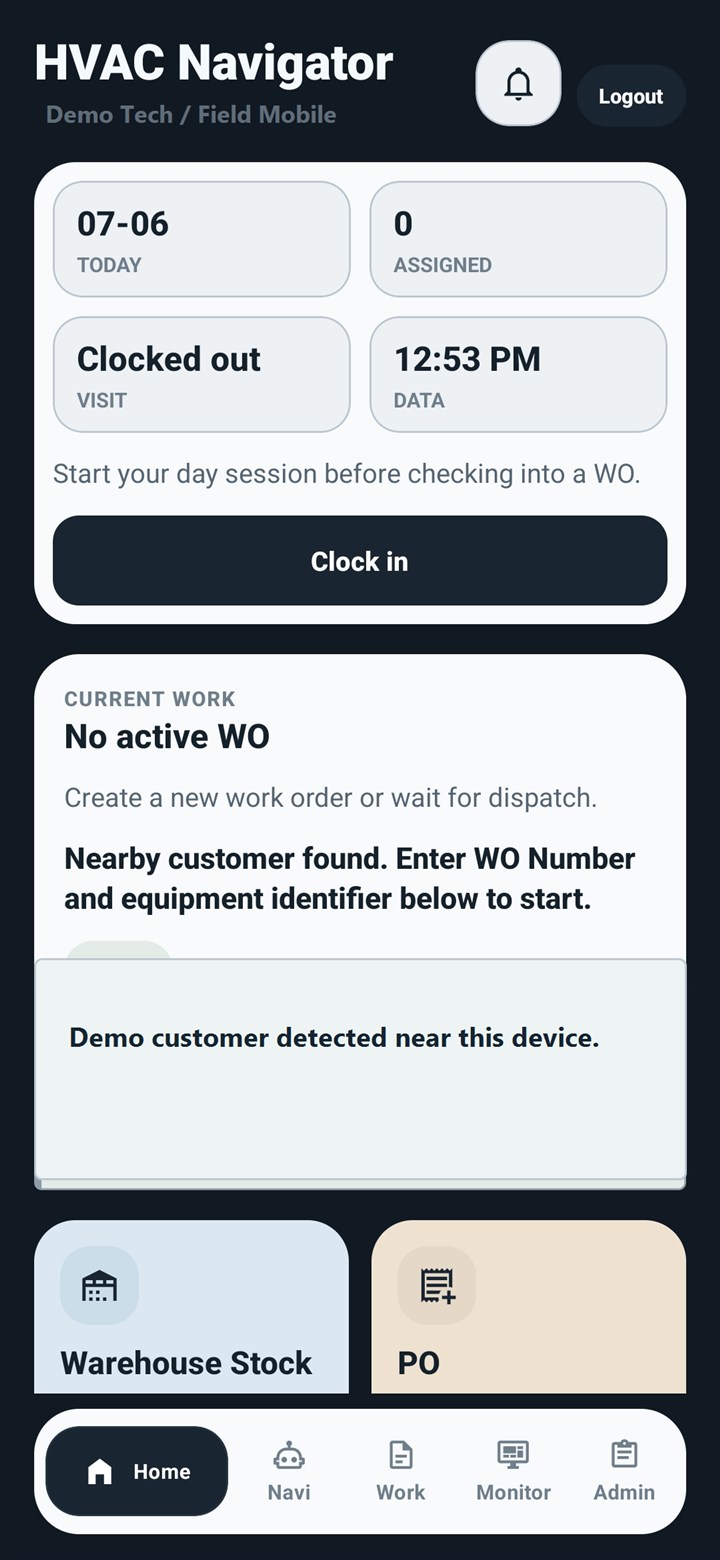 HVAC Navigator field mobile home screen