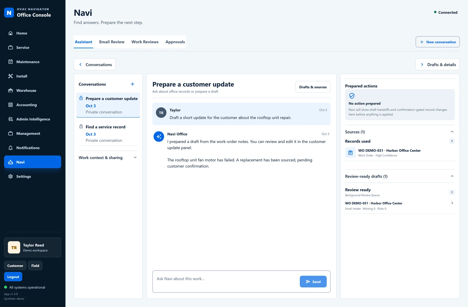 Navi conversation with a draft customer update, supporting work-order record, and review-ready draft.